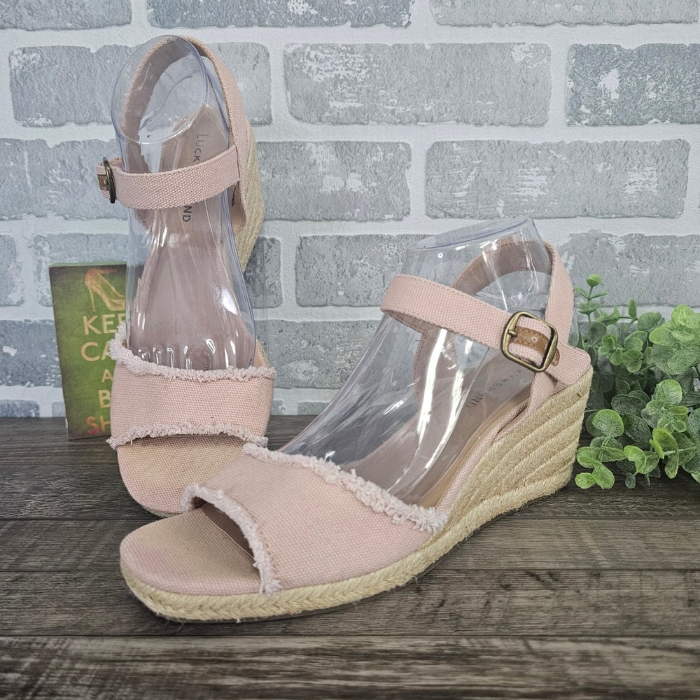 Lucky Brand Pink Canvas Espadrille Wedge‎ Sandals Women Size 10 Adjustable Strap